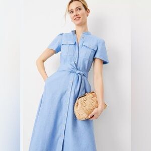 Ann Taylor Cotton Linen Blend Classy Elegant Blue Midi Dress with Belt Size 8P